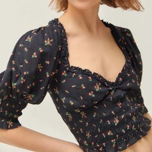 Urban Outfitters May Smocked Puff Sleeve Floral Print Peasant Style Crop Top